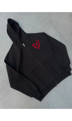 Üç İplik Baskılı Fermuarlı Kapüşonlu Hırka - Siyah