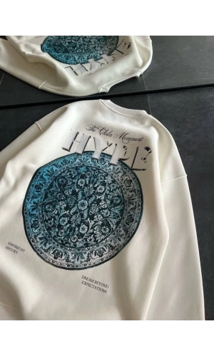 Üç İplik Bisiklet Yaka Baskılı SweatShirt - Beyaz