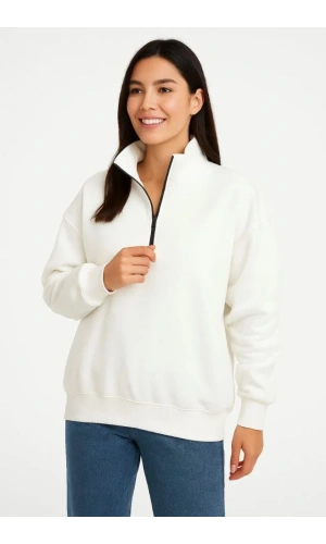 Üç İplik Dık Yaka Yarım Fermuarlı SweatShirt - Beyaz