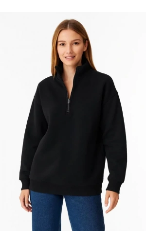 Üç İplik Dık Yaka Yarım Fermuarlı SweatShirt - Siyah