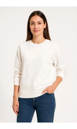 Üç İplik Düz Bisiklet Yaka SweatShirt - Beyaz