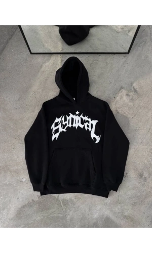 Üç İplik Kapşonlu Baskılı Oversize SweatShirt- Siyah