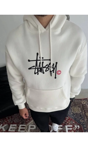 Üç İplik Kapşonlu Baskılı SweatShirt - Beyaz