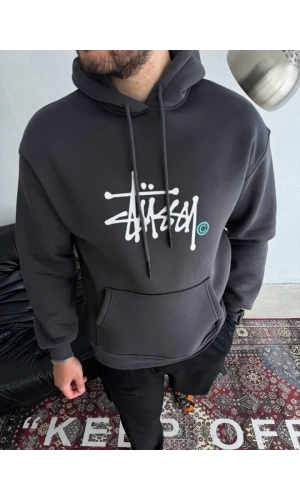 Üç İplik Kapşonlu Baskılı SweatShirt - Füme