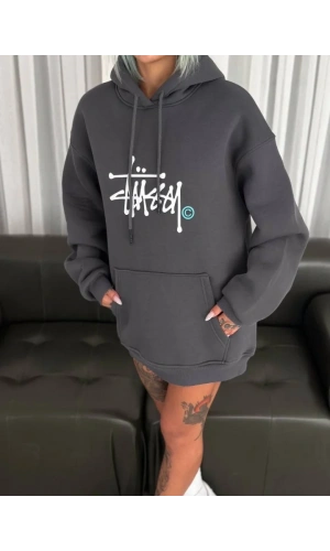 Üç İplik Kapşonlu Baskılı SweatShirt - Füme