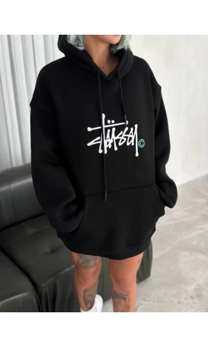 Üç İplik Kapşonlu Baskılı SweatShirt - Siyah