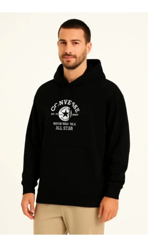 Üç İplik Kapşonlu ön Ve Arka Baskılı SweatShirt Hoodie- Siyah