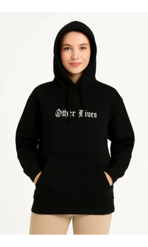 Üç İplik Kapşonlu ön Ve Arka Baskılı SweatShirt Hoodie- Siyah