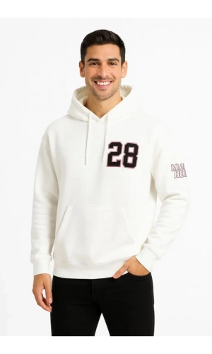 Üç İplik Kapüşonlu Ön Ve Arka Baskılı SweatShirt Hoodie - Beyaz