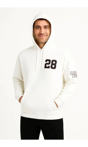 Üç İplik Kapüşonlu Ön Ve Arka Baskılı SweatShirt Hoodie - Beyaz