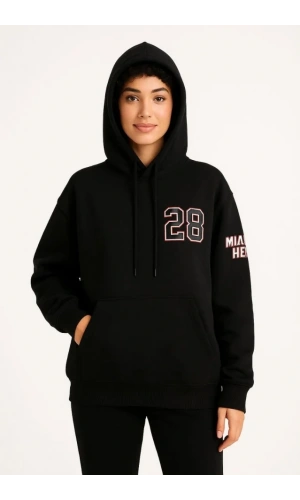 Üç İplik Kapüşonlu Ön Ve Arka Baskılı SweatShirt Hoodie - Siyah