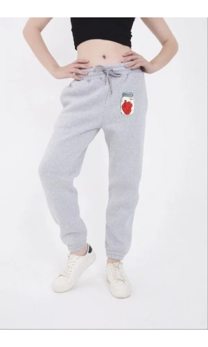 Üç İplik Lastikli Baskılı Eşofman Pantolon - Gri