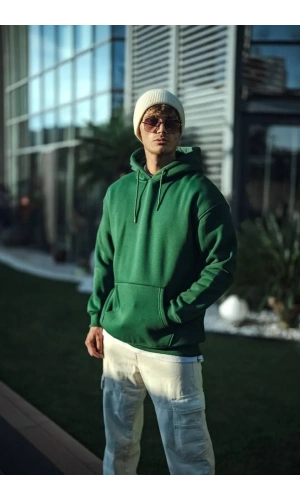 Üç İplik Penye Kapşonlu Basic SweatShirt - Haki