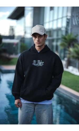 Üç İplik Penye Kapşonlu Baskılı SweatShirt - Siyah