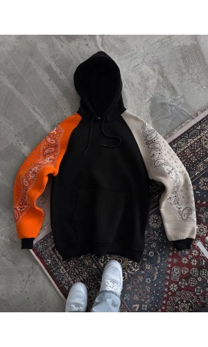 Üç İplik Penye Kapşonlu Parçalı SweatShirt - Siyah