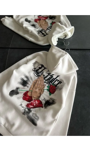 Üç İplik Penye Uzun Kol Kapşonlu Baskılı SweatShirt - Beyaz