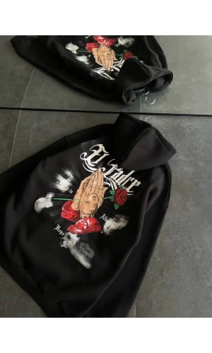 Üç İplik Penye Uzun Kol Kapşonlu Baskılı SweatShirt - Siyah