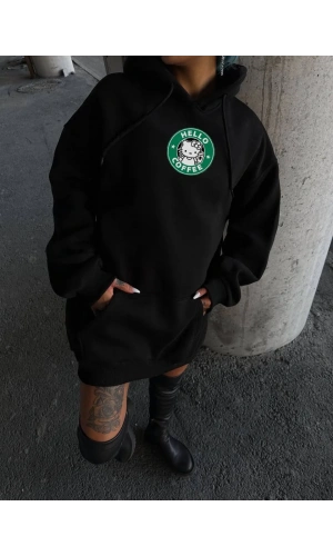 Üç İplik Penye Uzun Kol Kapüşonlu SweatShirt - Siyah