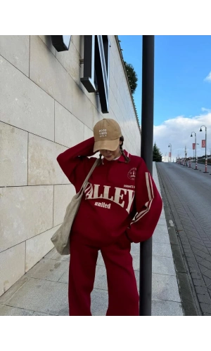 Üç İplik Yakalı Sweat Baggy Pantalonlu Takım - Bordo