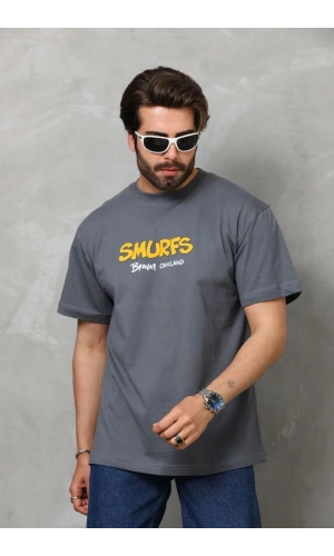 Unisex Basic Bisiklet Yaka Oversize T-Shirt - Füme