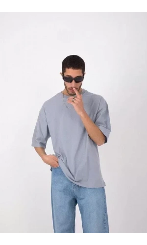 Unisex Basic Bisiklet Yaka Oversize T-Shirt - Gri