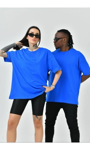 Unisex Basic Bisiklet Yaka Oversize T-Shirt - Mavi