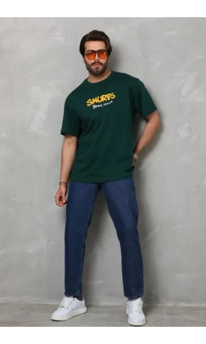 Unisex Basic Bisiklet Yaka Oversize T-Shirt - Yeşil