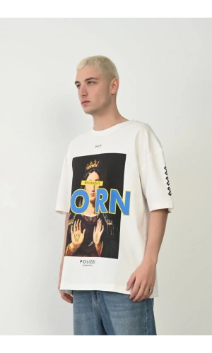 Unisex Baskılı Bisiklet Yaka Oversize T-Shirt - Beyaz