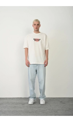 Unisex Baskılı Bisiklet Yaka Oversize T-Shirt - Beyaz