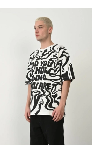 Unisex Baskılı Bisiklet Yaka Oversize T-Shirt - Beyaz