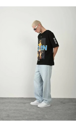 Unisex Baskılı Bisiklet Yaka Oversize T-Shirt - Siyah