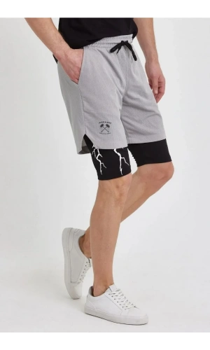 Unisex Baskılı İç Cepli Sporcu Alt Taytlı Şort - Gri