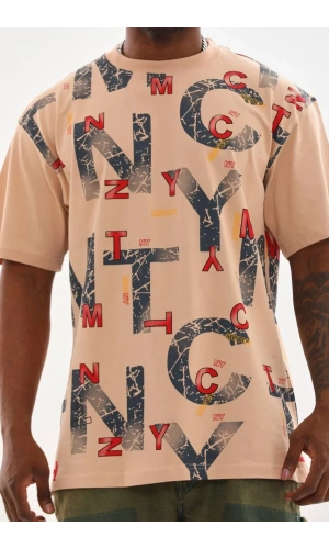 Unisex Baskılı Oversize T-Shirt - Bej