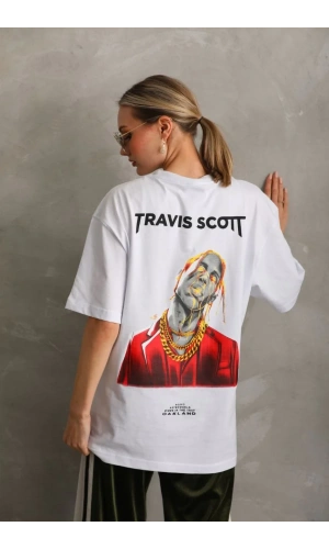 Unisex Baskılı Oversize T-Shirt - Beyaz