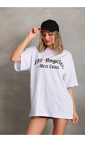 Unisex Baskılı Oversize T-Shirt - Beyaz