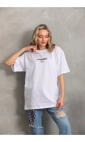 Unisex Baskılı Oversize T-Shirt - Beyaz
