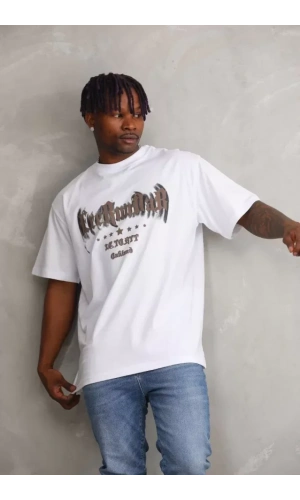 Unisex Baskılı Oversize T-Shirt - Beyaz