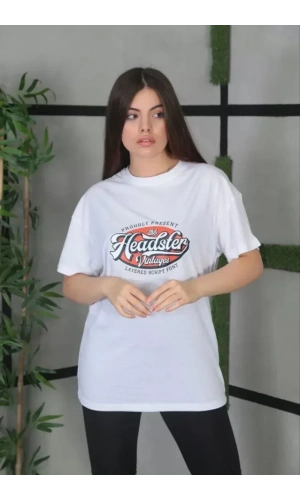 Unisex Baskılı Oversize T-Shirt - Beyaz
