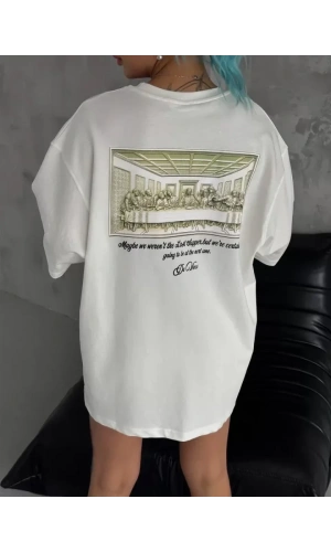 Unisex Baskılı Oversize T-Shirt - Beyaz