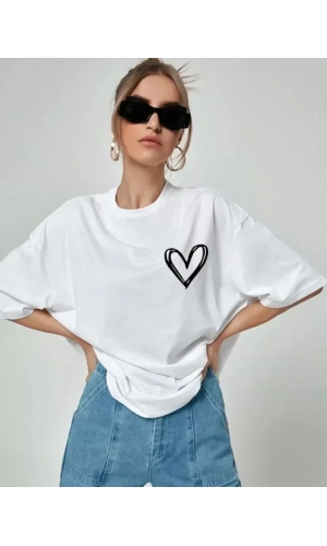 Unisex Baskılı Oversize T-Shirt - Beyaz
