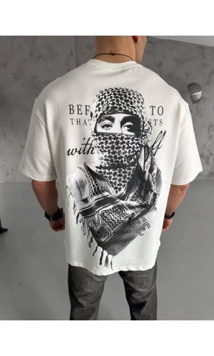 Unisex Baskılı Oversize T-Shirt - Beyaz