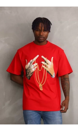 Unisex Baskılı Oversize T-Shirt - Kırmızı