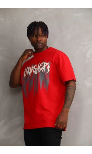 Unisex Baskılı Oversize T-Shirt - Kırmızı