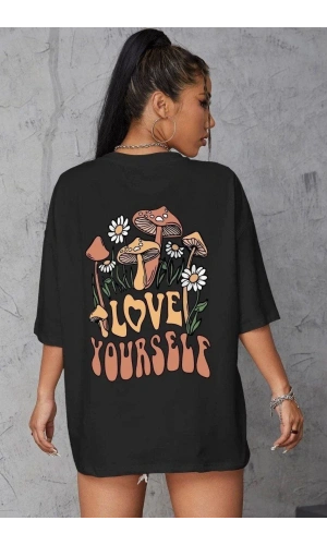 Unisex Baskılı Oversize T-Shirt - Siyah