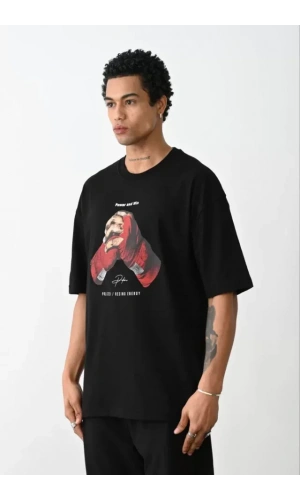 Unisex Baskılı Oversize T-Shirt - Siyah