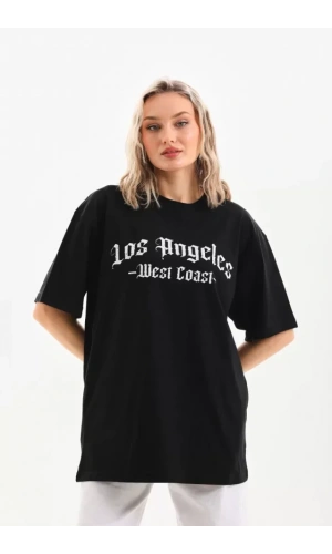 Unisex Baskılı Oversize T-Shirt - Siyah