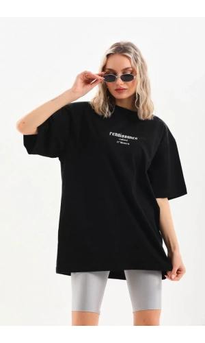Unisex Baskılı Oversize T-Shirt - Siyah