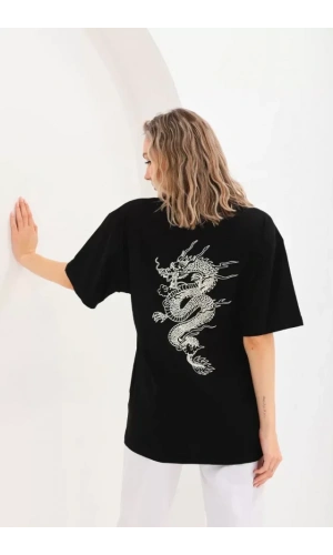 Unisex Baskılı Oversize T-Shirt - Siyah
