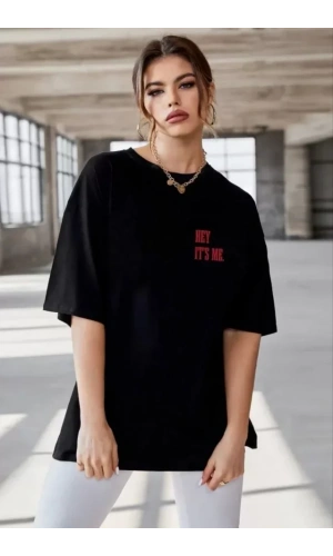 Unisex Baskılı Oversize T-Shirt - Siyah