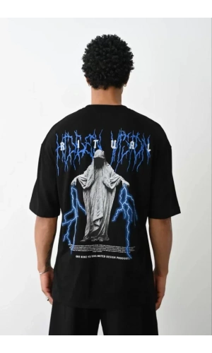 Unisex Baskılı Oversize T-Shirt - Siyah